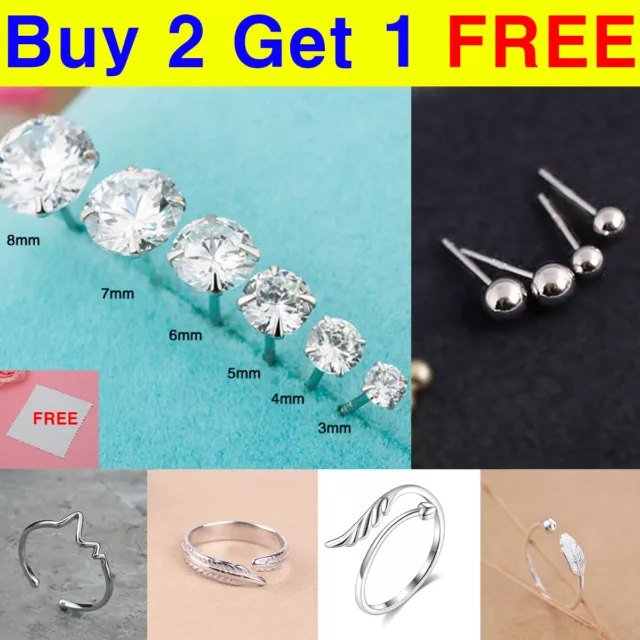 Women Men Genuine 925 Solid Sterling Silver Cubic Zirconia Round Stud Earrings