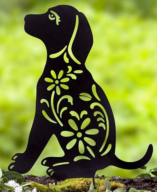 Animal Silhouette Garden Stake Black Puppy Dog Shaped Yard Decoration Metal Art