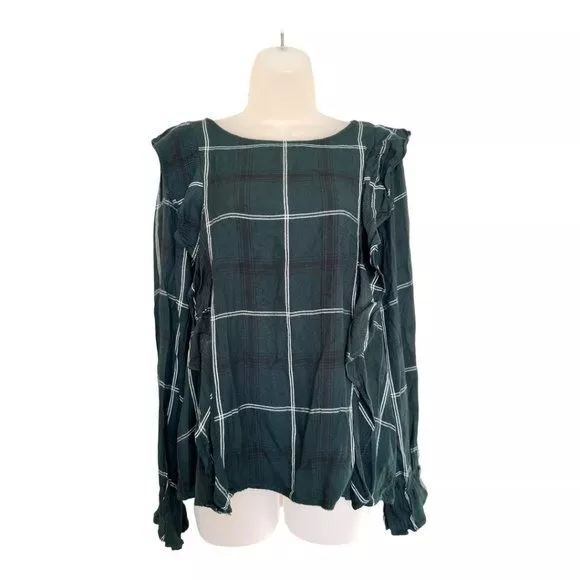 Sanctuary Taylor Green Plaid Flutter Blouse Size Medium 2