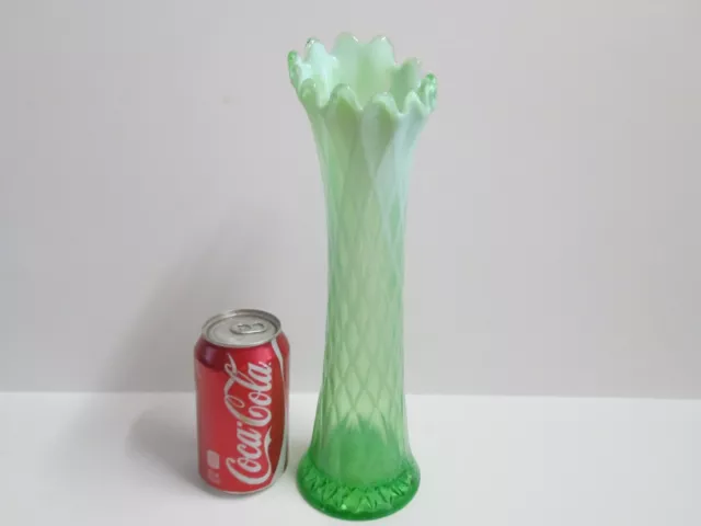 Northwood Green Opalescent 12.5" tall Diamond Oval Thumbprint Vase Vintage Glass
