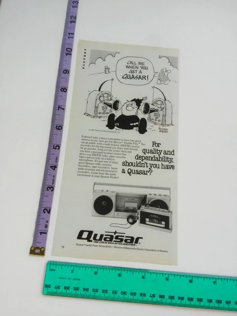 Vtg Clipping- Broom Hilda cartoon Quasar boombox / walkman combo Print Ad 80's