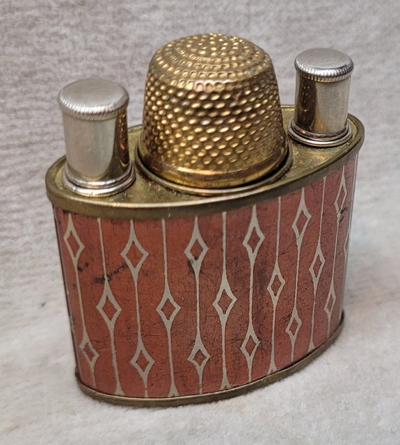 Vintage Metal Sewing Etui Needle case spool and thimble.