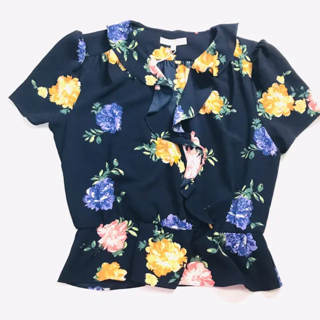 NWT WAYF Women’s Floral Blue Peplum Ruffle Front Top Blouse Size Medium