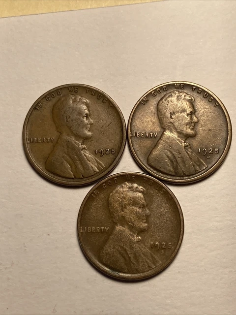 1925 P D S Lincoln wheat cent type set / 3 coin lot / old US antique pennies 1c