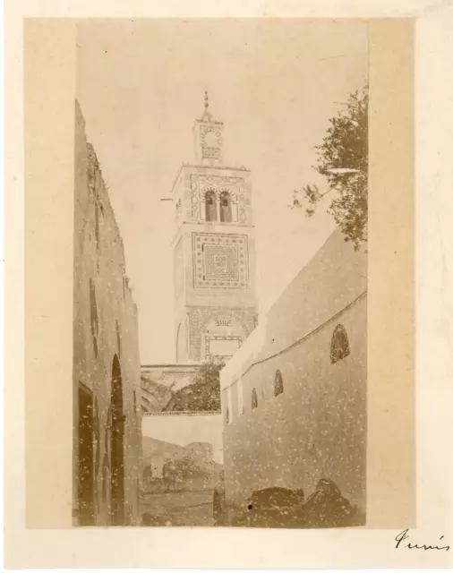 Tunisie, Tunis, minaret de mosquée vintage albumen print.  Tirage albuminé