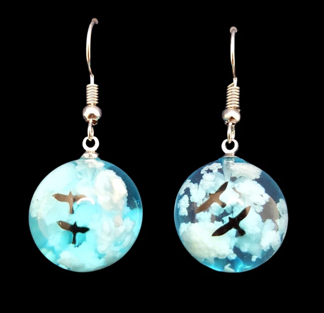 Ohrringe Silber 925 3D Blauer Himmel Wolken Vögel  Schmuck Damen