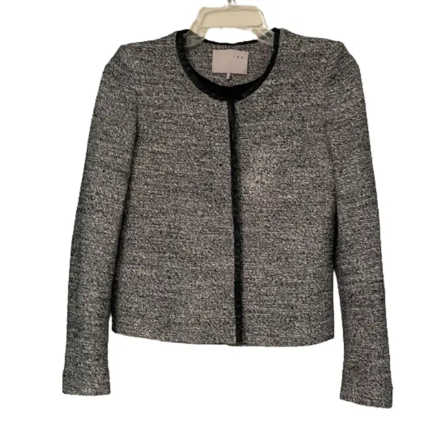 IRO Viviana Jacket Size 0 Gray Black Boucle Tweed Leather Trim Blazer Collarless