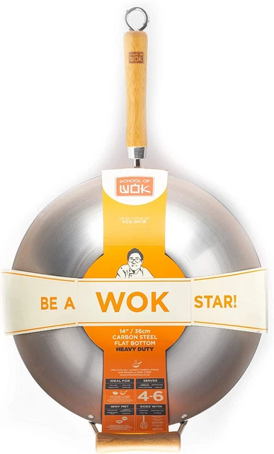 School of Wok - 14"/36 cm acero al carbono resistente wok, parte inferior plana, mango de bambú