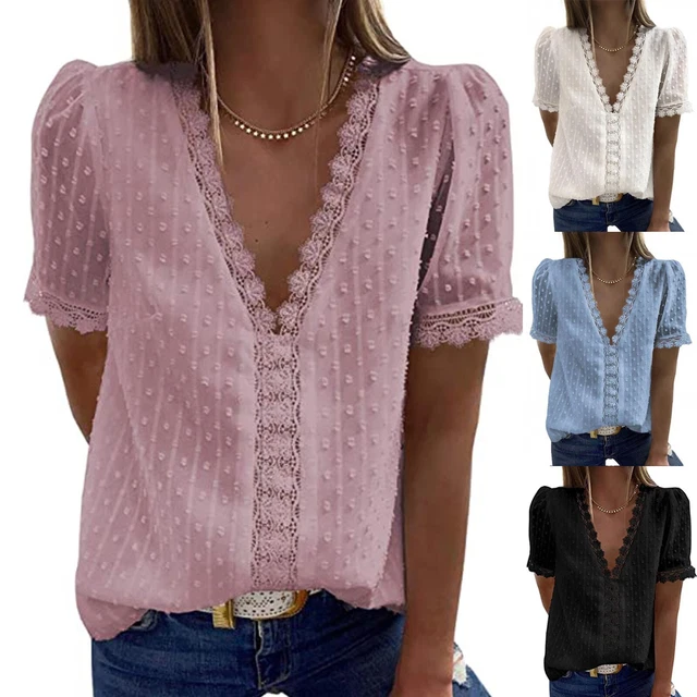 Camicia alla moda donna collo a V pizzo all'uncinetto per estate maniche corte
