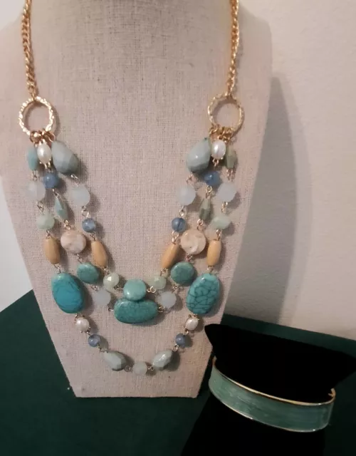 Charming Charlie 3-Strand Faux Turquoise Bead & Chain  Necklace &Hinged Bracelet