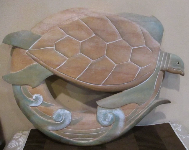 Wood Carved Green/Peach Painted Sea Turtle  Wall Art (1pc)