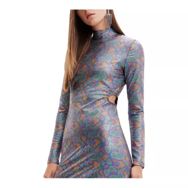 Desigual Women's Metallic Snake Print Cutout Long Sleeve Mini Dress Small Club 2