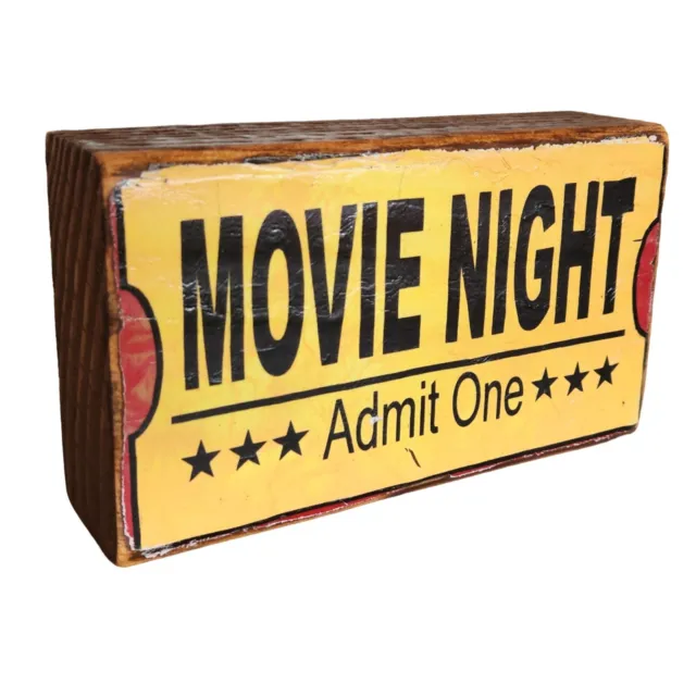 Movie Night theater Block sign Distressed Primitive Country Wood Sign - 3" x 5"