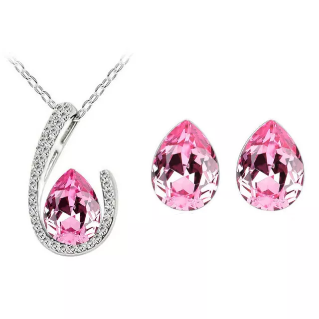 Schmuckset Ohrringe Kette Silber Tropfen Rosa Zirkonia Strass Anhänger Halskette