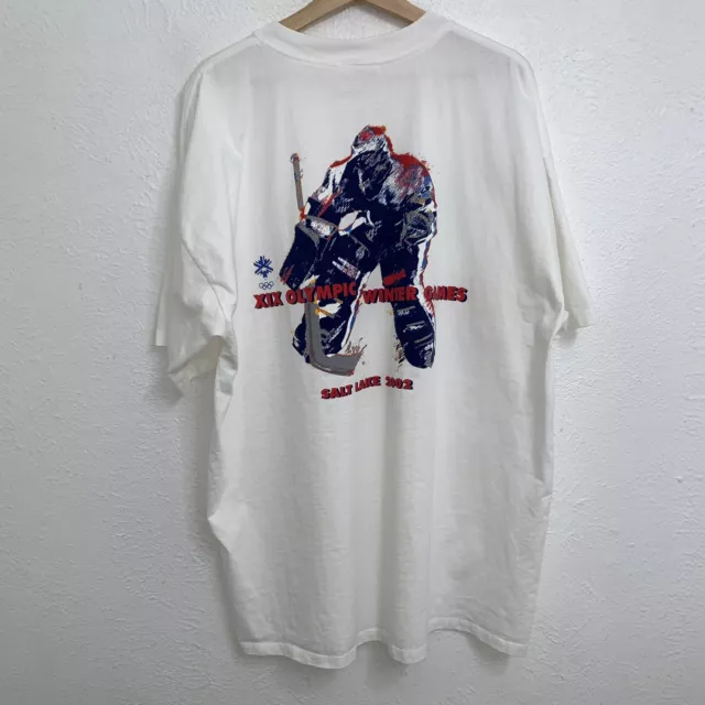 Salt Lake 2002 XIX Olympics Ice Hockey Tee White T-Shirt Double Sided Sz 2XL