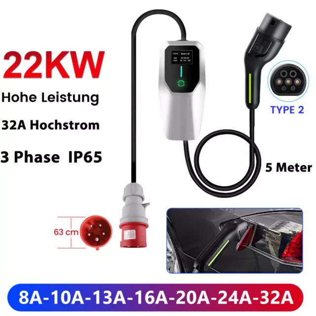 EV Type2 3 Tragbares Ladegerät Ladekabel Elektroauto Einstellbar 32A 22KW EU 5M