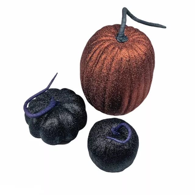 Halloween Gothic Glitter Black and Bronze Pumpkins Set of 3