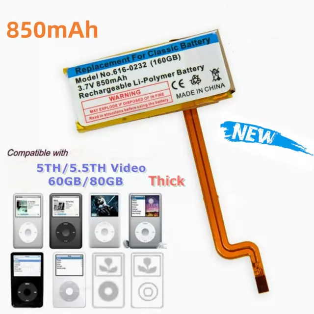 850mAh Replacement battery for ipod Video 5th gen 60GB 80GB A1136 Classic Thick