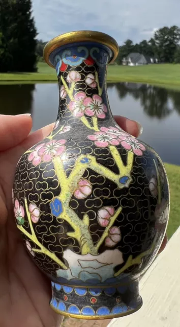 Vintage Cloisonné Vase Chinese Copper Enamel Floral Beautiful Small 4”