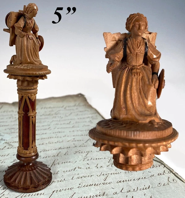 Antique Carved Swiss Black Forest Figural Sewing Spool & Needle Case Combination