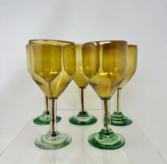 Set of 5 Vintage Hand Blown Goblets Wine Glasses Amber with Green Stem & Foot