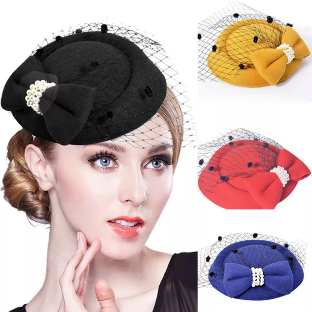 Womens Vintage Fascinator Hair Pillbox Hat Bowknot Veil Cocktail Party Wedding