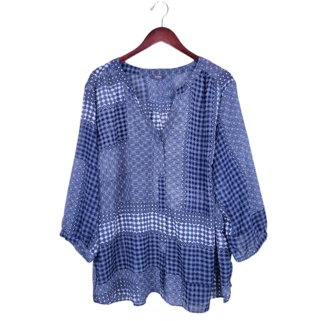 NYDJ Blouse Top Shirt Women 2X Blue Printed 3/4 Sleeve Pleated Back Button Front