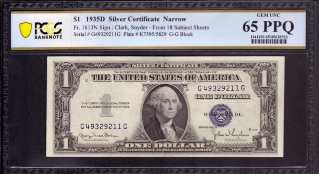 1935 D $1 Silver Certificate Subject 18 Note Fr.1613N Gg Block Pcgs B Gem 65 Ppq