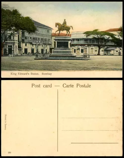India Old Hand Tinted Postcard King Edward's Statue and Temple Bar Hotel, Bombay