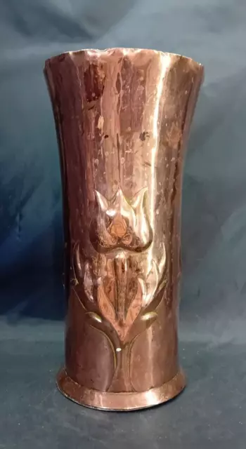 Antique Arts & Crafts Copper Vase Repousse Tulips