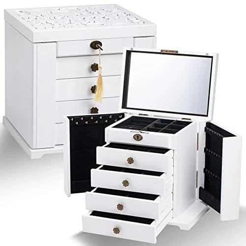 Large Wooden Jewelry Box Organizer with Lock and Drawers, Floral Carved WHITE