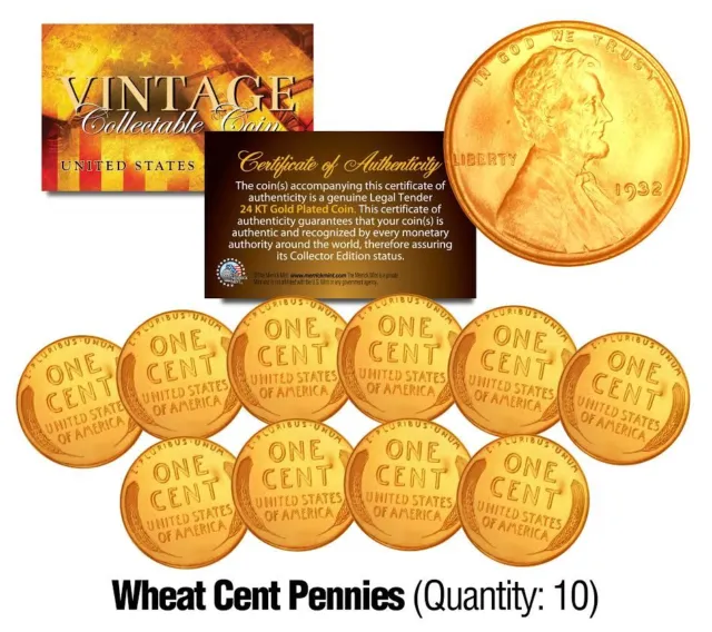 Lincoln Head 1930's WHEAT Cent Penny U.S. Coins 24K GOLD PLATED (Lot of 10) 2