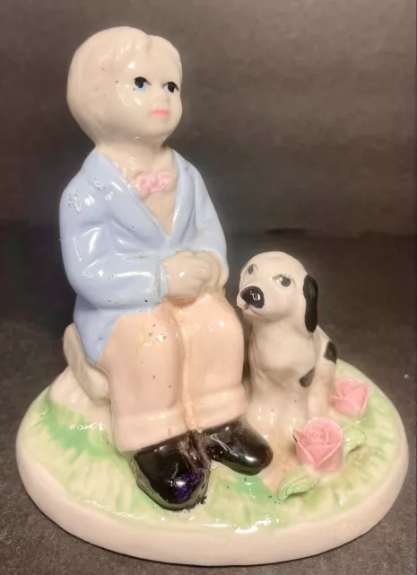 Seated Boy With Cocker Black & White Spaniel Dog Puppy Porcelain Figurine