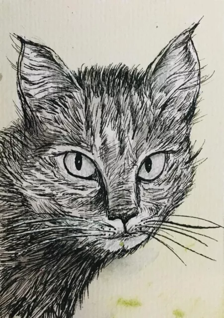 ACEO Original Painting Of Cat Art Card Acrylic Color Pen 2.5X3.5