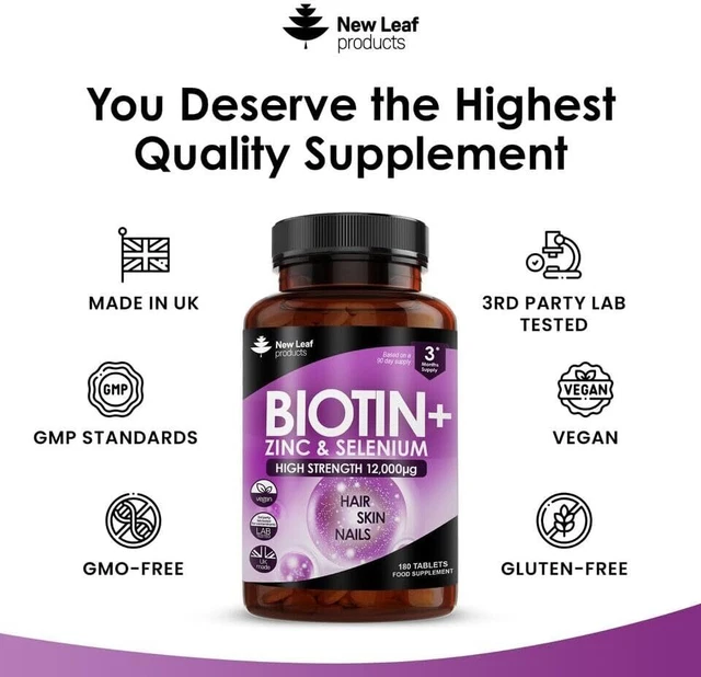 BIOTIN HAIR GROWTH Vitamins 12,000Mcg 180 DBiotin Tablets with Zinc