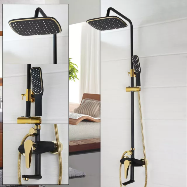 Black&Gold Shower Faucet Set Rainfall Square Head Wall Mounted Brass Mixer Tap 3