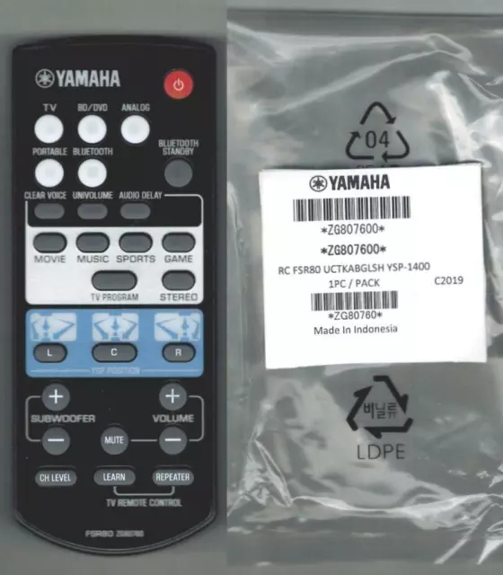 New Yamaha Sound Bar Remote Control Fsr80 Zg80760 Fits Ysp-1400 Ysp-1400Bl