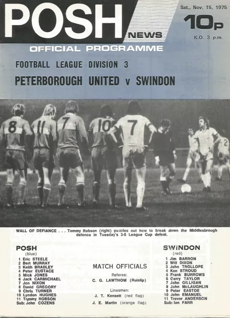 Football Programme - Peterborough United v Swindon Town - Div 3 - 15/11/1975