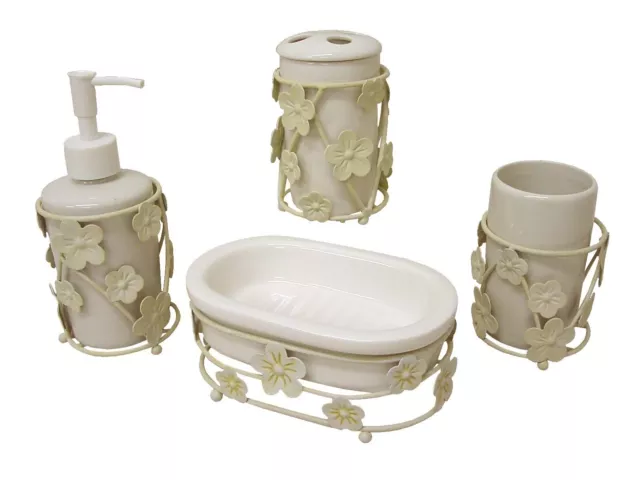 (35526) Conjunto Baño 4 Piezas Accesorios Sobremesa Lavabo Forja Margarita Crema