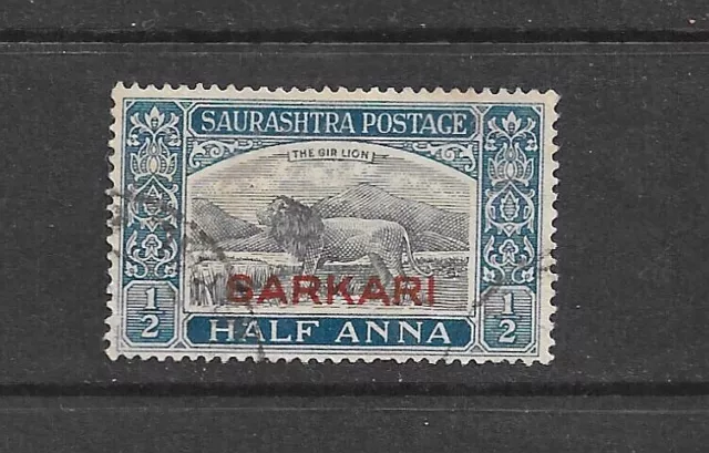 India Saurashtra Postage Overprint  "Sarkari" Half Anna  1929 Stamp The Gir Lion