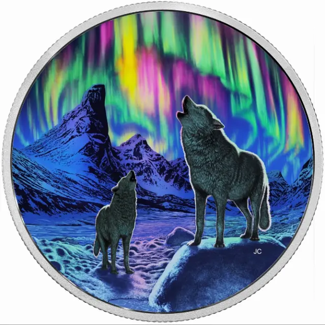 CANADA $30 2016 2 Oz Silver Northern Lights In The Moonlight Howling Wolves 2