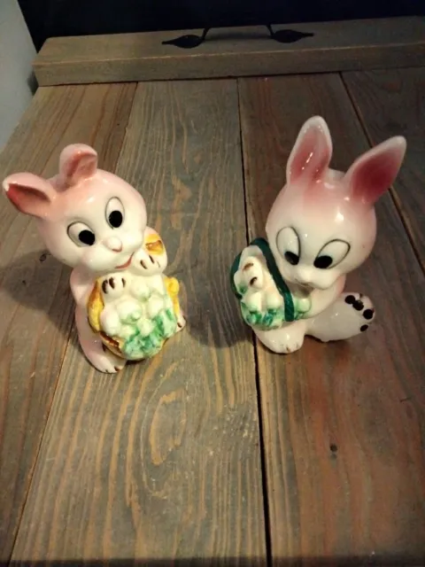 Vintage Japan Anthropomorphic Pink Easter Bunny Rabbits Salt and Pepper Shakers