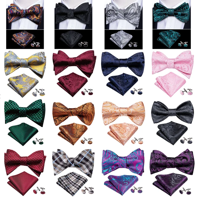 Mens Adjustable Wedding Pre-Tied Bow Tie Free Pocket Square Cufflinks Set Formal