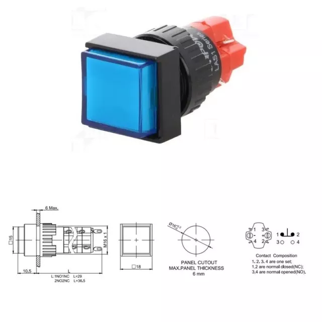 16mm 1NO 1NC/2NO 2NC/3NO 3NC IP40 SPDT 3A /250VAC Momentary square light switch