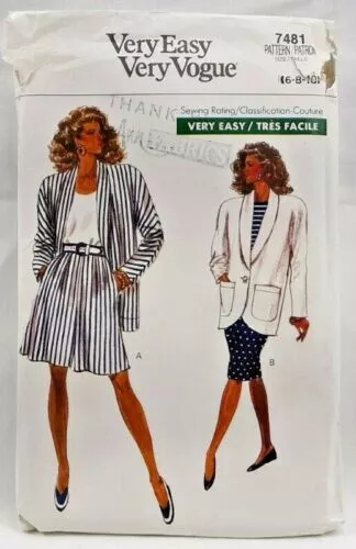 1989 Vogue Sewing Pattern 7481 Womens Jacket Shorts Skirt Size 6-10 Vintage 7904