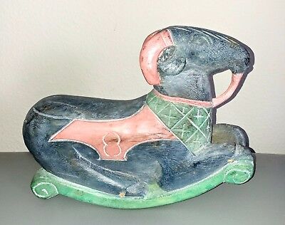 wooden Rocking Goat Ram toy Hand Carved painted approx 7.5"H vintage
