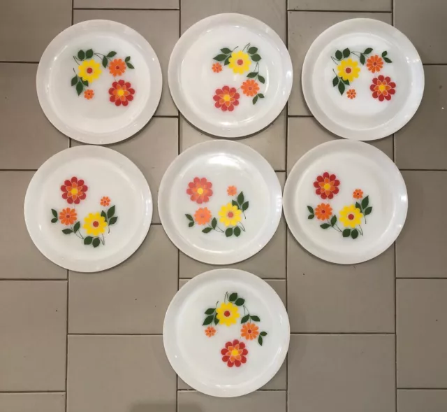 Lot de  assiettes grandes en arcopal vintage années 70 à décor de fleurs