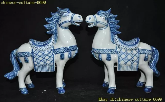 8" Old China Blue&white porcelain Feng Shui Animal horse Statue Sculpture A pair