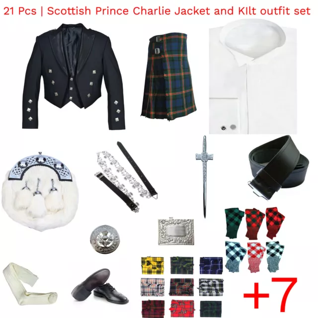 21 Pezzi Scozzese Prince Charlie Giacca, Gilet & Kilt Completo Set
