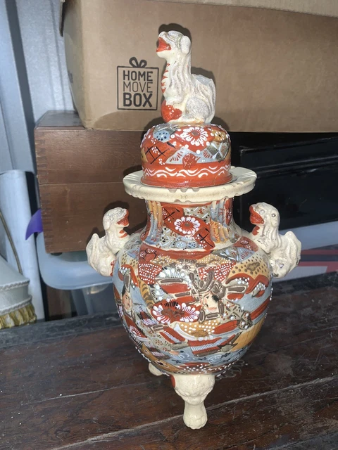Satsuma Japanese Lidded Koro Ceramic Tripod Urn Temple Jar Lion Handles Signed